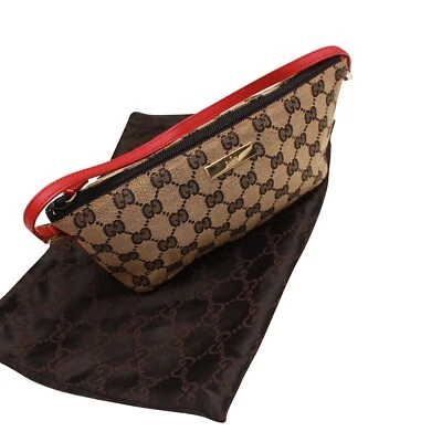£265 • Buy Gucci Shoulder Mini Bag Red Strap Beige Leather GG Monogram Pouch With Dustbag