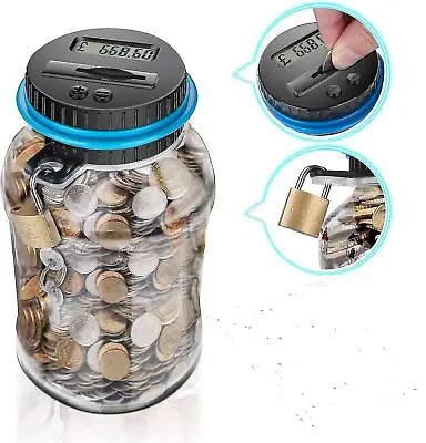 Digital Coin Counter LCD Display Jar Sorter Money Box Counts Coins With Lock UK • £12.99