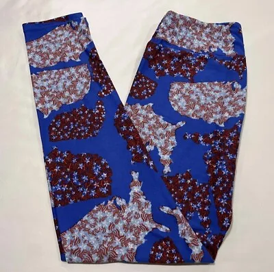 NEW LuLaRoe OS Legging BLUE Star USA Travel MAP Patriotic FLAG America Road Trip • $16.10