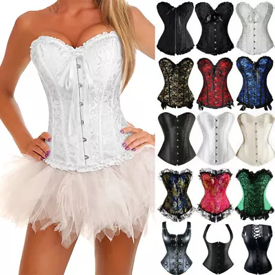 Women Gothic Corset Top Bustiers Brocade Overbust Waist Cincher Lace Up Costume • £12.79