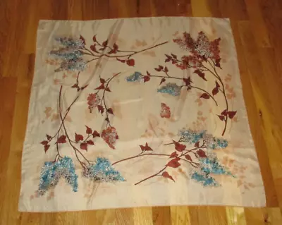 Vtg Handrolled Beige Brown Blue Floral Silk Blend Square Scarf 30  Japan • $14.99