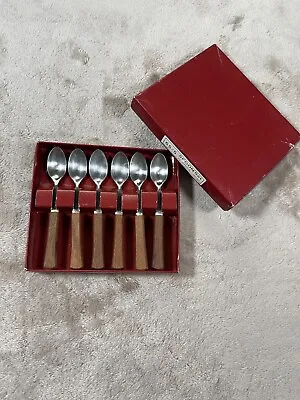 6 Vintage OTAGIRI Mini Cocktail Demi Spoons Teak Wood Handles Stainless Japan • $12