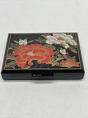 Vintage Japanese Lacquer Tissue Box Mirror Compact Painted Red Gold Floral Black • $20