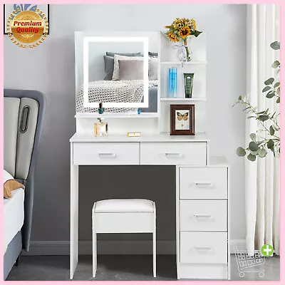 Modern White LED Lights Mirror 5 Drawer Desk Bedroom Makeup Vanity Table • $173.78