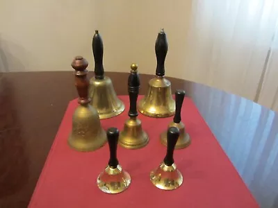 LOT Of 7 Vintage Brass Bells With Wooden Handles School Bell • $49.99