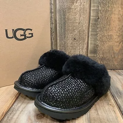 Ugg Cozy Ii Gel Hearts Slipper Slide Black Wool Cuff Big Kids Us 3 Uk 2 Eu 35 • $63