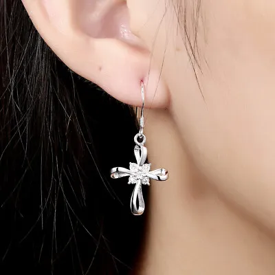 Women's 925 Sterling Silver Micro Pave CZ Crystal Cross Drop Dangle Earrings  • $8.99