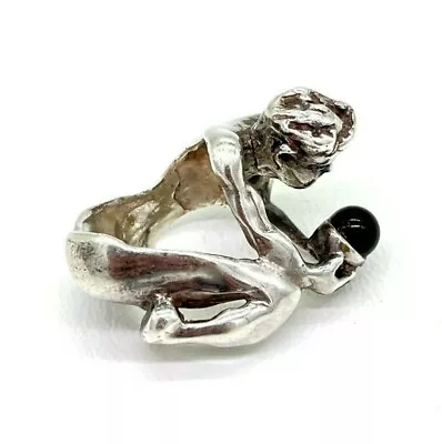 925 Sterling Silver Brutalist Man With Orb Sculpture Ring Size 5.5 • $179.10