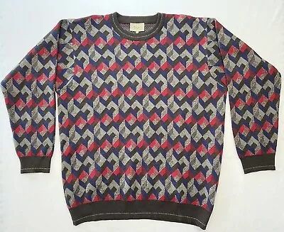 Vintage Intiwara Alpaca Gray Blue Red Geometric Knit Sweater Mens XXL Handmade • $53.94