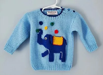 Vintage Handknit Kids Elephant Sweater Circus Zoo Classic Blue & Multicolor EUC • $18.69