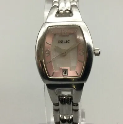 $12.99 • Buy Relic Watch Women Silver Tone Date Rectangle Pink Dial New Battery 7.5 