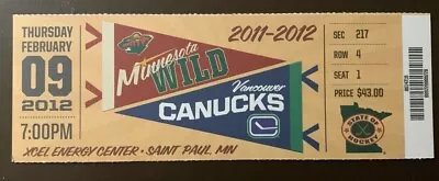 Minnesota Wild 2/9/2012 NHL Ticket Stub Vs Vancouver Canucks • $7.95