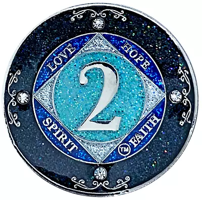 NA 2 Year Glitter & Crystals Medallion Narcotics Anonymous Blue Glitter Coin • $27.99