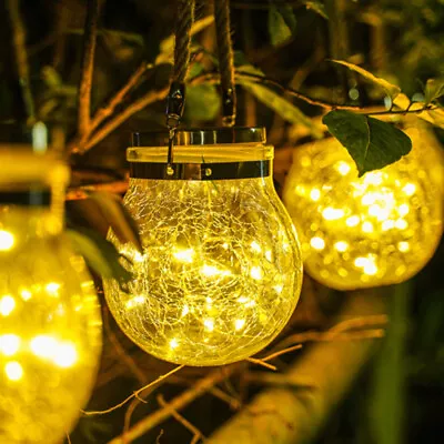 Solar Powered 20 Led Hanging Globe Crackle Glass Ball Lights Garden Outdoor Lamp • £9.95