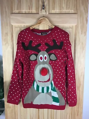 Mens Size Small Medium Christmas Jumper Reindeer Knitted Xmas Red Party Festive • £9