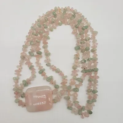 Vintage Hand Knotted Double Strand Rose Quartz & Green Aventurine Necklace 30  • $28.99