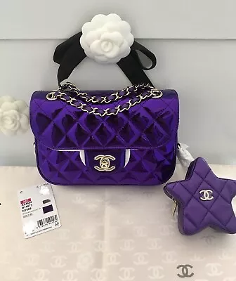 New Chanel 24C Mirror Metallic Purple Calfskin Mini Flap Bag & Star Coin Purse • $8690