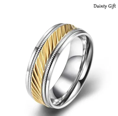 Men Boy 18 K Gold Plated Stainless Steel Silver 2 Tone Color Band Ring 8-12 • $12.50