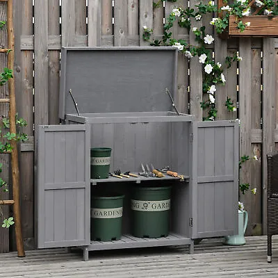 Outdoor Garden Storage Shed Tool Wooden Box W/ Hinged Roof 74x43x88cm Grey • £84.99