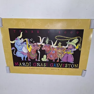 Vintage Galveston Texas Mardi Gras Art Print Poster 2000 Cows Cowboys 32 X 22  • $19.99