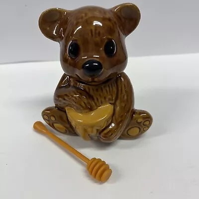 Vintage Ceramic Brown Bear Honey Pot & Honey Dipper Made In Taiwan 5.5” 3 Piece • $13.98