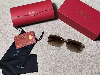 Cartier Sunglasses Men Rimless Wood Glasses Eyeglasses Tea Gold Lens 145MM • $125