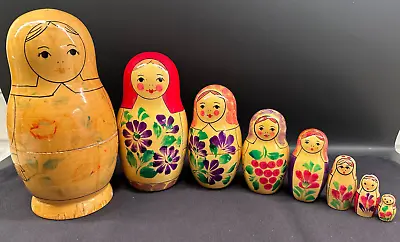 Vintage (8) Russian Nesting Babushka Hand Painted Wooden Dolls (16-Pc Set) • $37.99