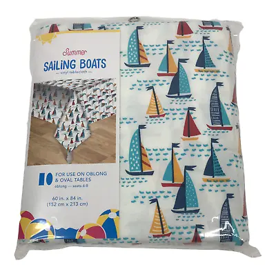 Summer Tablecloth 60x84 Sailing Boats Vinyl Oblong Oval Picnic Party Beach BBQ • $8.96