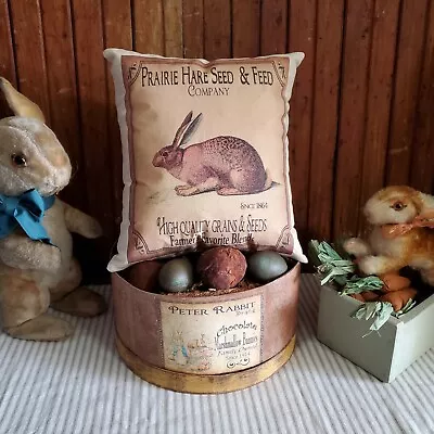 Primitive Vintage Retro Style Easter Rabbit Bunny Feed And Seed 9 X 10 Pillow • $14.95