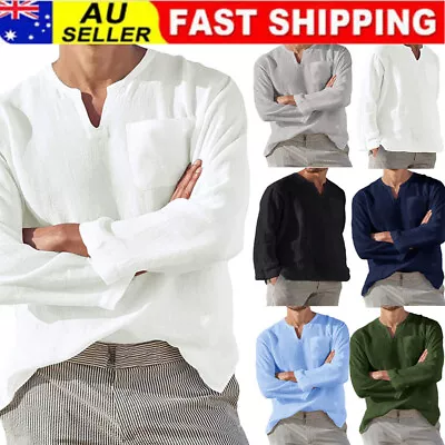 Top Men's Cotton Linen Henley-Shirt Long Sleeve Hippie Casual Beach T Shirts • $18.95