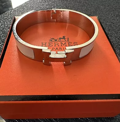 Hermes Bracelet Clic H White Enamel & Silver Cuff Bangle 12mm Wide Preown PM Box • $140