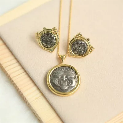 D18 Set Medusa Replica Coin Pendant Necklace Earrings Silver 925 Gold Plated • $148.05