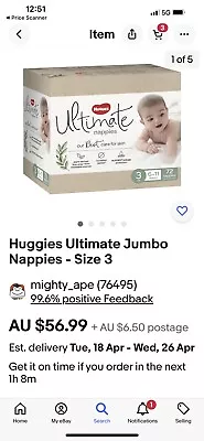 $25 • Buy Huggies Ultimate Jumbo Nappies - Size 3