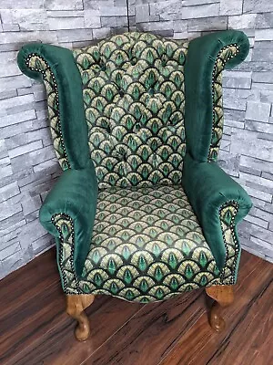 Peacock Printed Velvet Studded Bespoke Kids Queen Anne Wingback Chair • £175