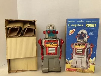  CRAGSTAN JAPAN TIN BATTERY OP SILVER SKIRTED ROBOT TOY W/  BOX W/ Lights • $1399