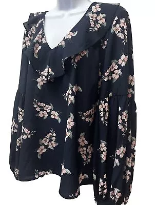 New Eloquii Blouse Women's 18 Blue Floral Ruffled V Neckline Blouse Top Long Slv • $23.76