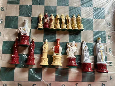 16 Piece Hand Made Incomplete Chess Pieces Felt Bottoms Vinyl Roll Up Board • $22