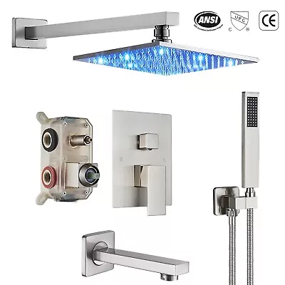 Brushed Nickel LED Shower Faucet Set With Valve Rain Shower Head Combo Tub Spout • $99
