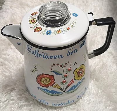Vintage Swedish Enamel Coffee Tea Pot Rustic Farmhouse Country Chic Folk Art • $60