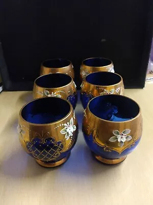 6 X Gorgeous Czech Bohemian Hand Painted Cobalt Blue Glasses • £35.99