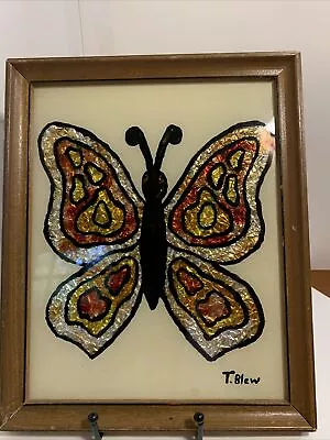 Vtg Folk Art Tinsel Foil Reverse Painting Artwork Butterfly Framed/Signed • $21.59