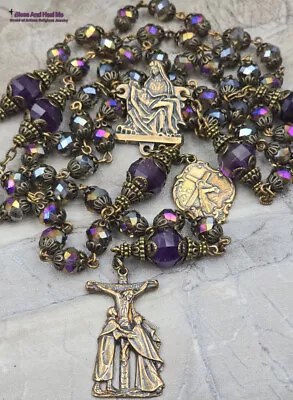 Pieta Jesus Carrying The Cross Purple Glass Vintage Bronze Rosary • $156