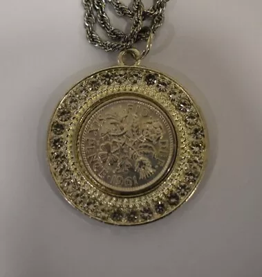 1961/1962 Queen Elizabeth II Silver Plated Sixpence Gemstone Pendant Necklace • £20