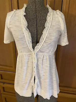 Anthropologie Moth Delicate Winds Ivory Cotton Cardigan Sweater Ruffles Sz XS • $21