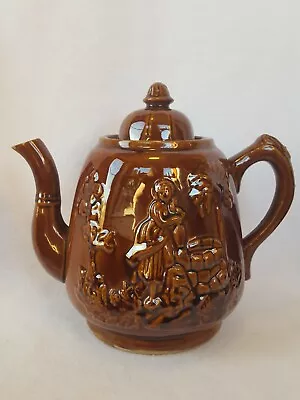 Vintage Brown Glazed Embossed Ceramic Teapot Rebecca At The Well Design 8  Tall • $24.99