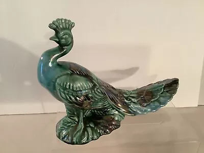 $25 • Buy Vintage Peacock Ceramic Iridescent Blue Green Black 10” Long Figure
