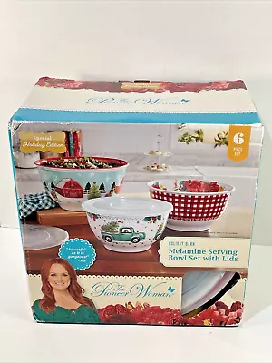 NEW Pioneer Woman Holiday Barn Melamine Mixing Bowls Lids Set Of 3 Bowls • £28.94