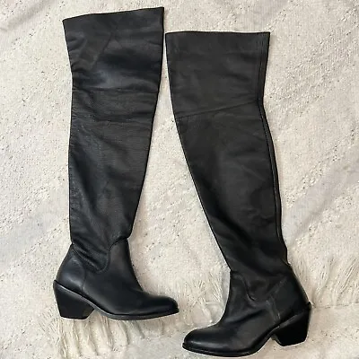 Ecote Urban Outfitters Boots Black Leather Over The Knee Block Heel Boot 6 • $39.99