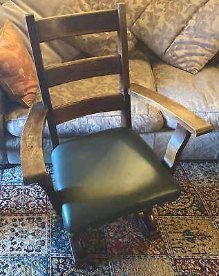 Antique Solid Oak Green Leather Bergere Armchair Carver Chair Very Heavy! • £45