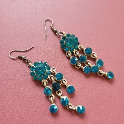 Statement Silver Tone Earrings Drop Dangle Hook Turquoise Pre-owned 7cm • £5